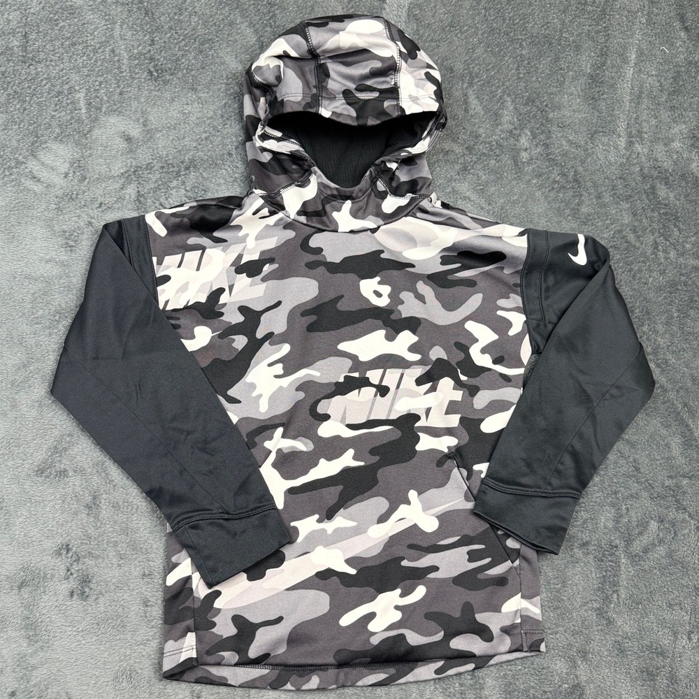 Nike Dri-FIT Pullover Hoodie Sweatshirt Camo Print Black Gray‎ Kids Medium